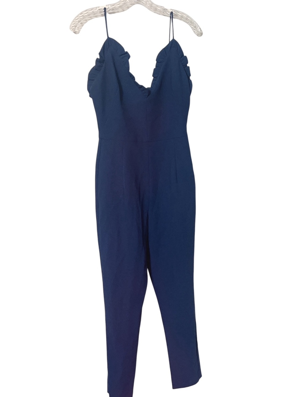 Black Halo Navy Ruffle V-Neck Jumpsuit Anthropologie Brand Corporatecore Neutral